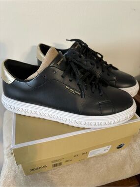Michael Kors Black Leather  Grove Lace-Up Sneakers with White MK-Trim Sole
